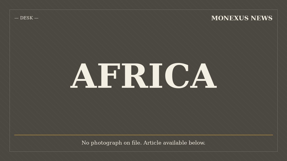 A black placeholder graphic displays "AFRICA" in large white text, with "MONEXUS NEWS" and "DESK" labels above and the note "No photograph on file. Article available below."