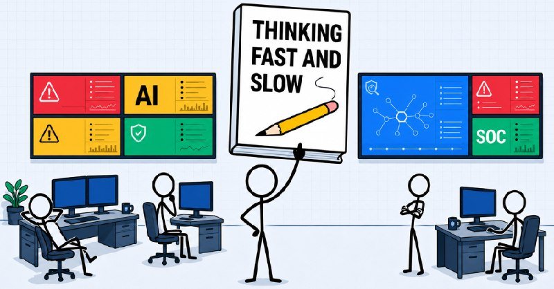 Stick figures work at desks beneath screens labeled "AI" and "SOC," while one holds a book titled "THINKING FAST AND SLOW."
