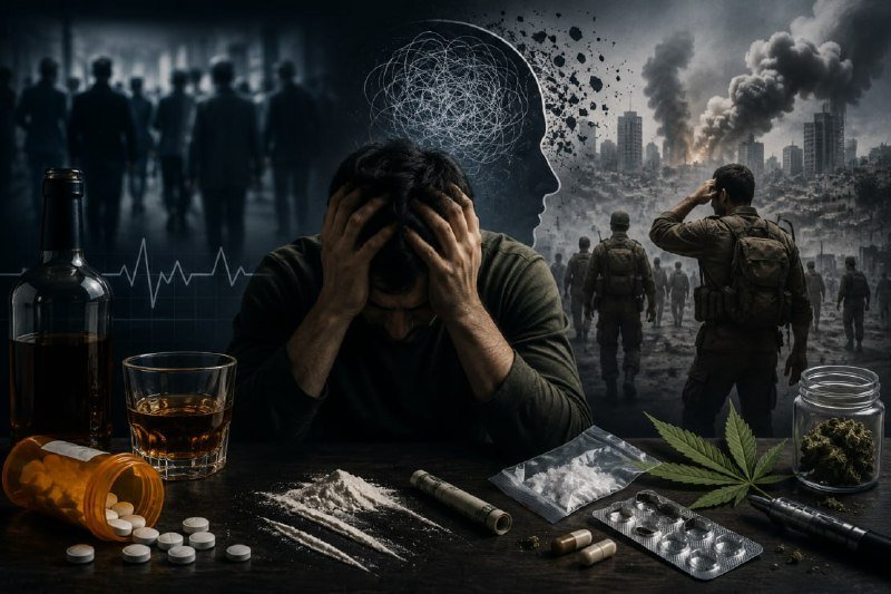 A man holds his head in distress at a table scattered with alcohol, pills, powder, cannabis, and a syringe, with a chaotic background showing silhouetted crowds, soldiers, smoke, and a chaotic city.