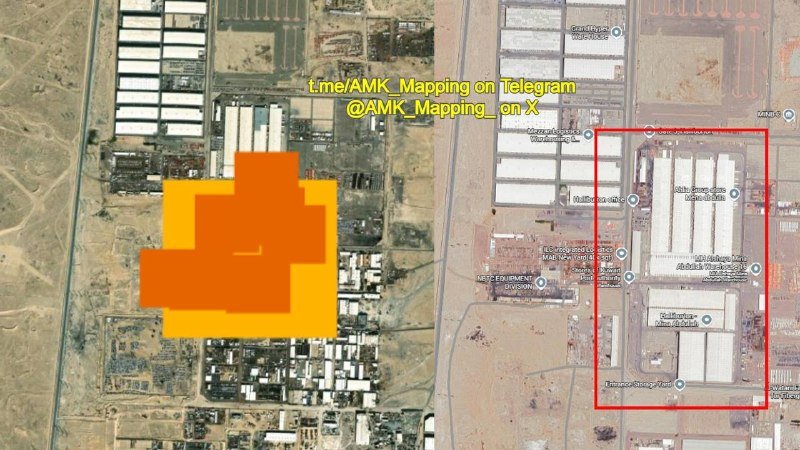 Satellite imagery shows an industrial complex with white-roofed buildings, partly obscured by orange and yellow pixelation, with overlaid labels, map markers, and a red rectangular outline on the right side.