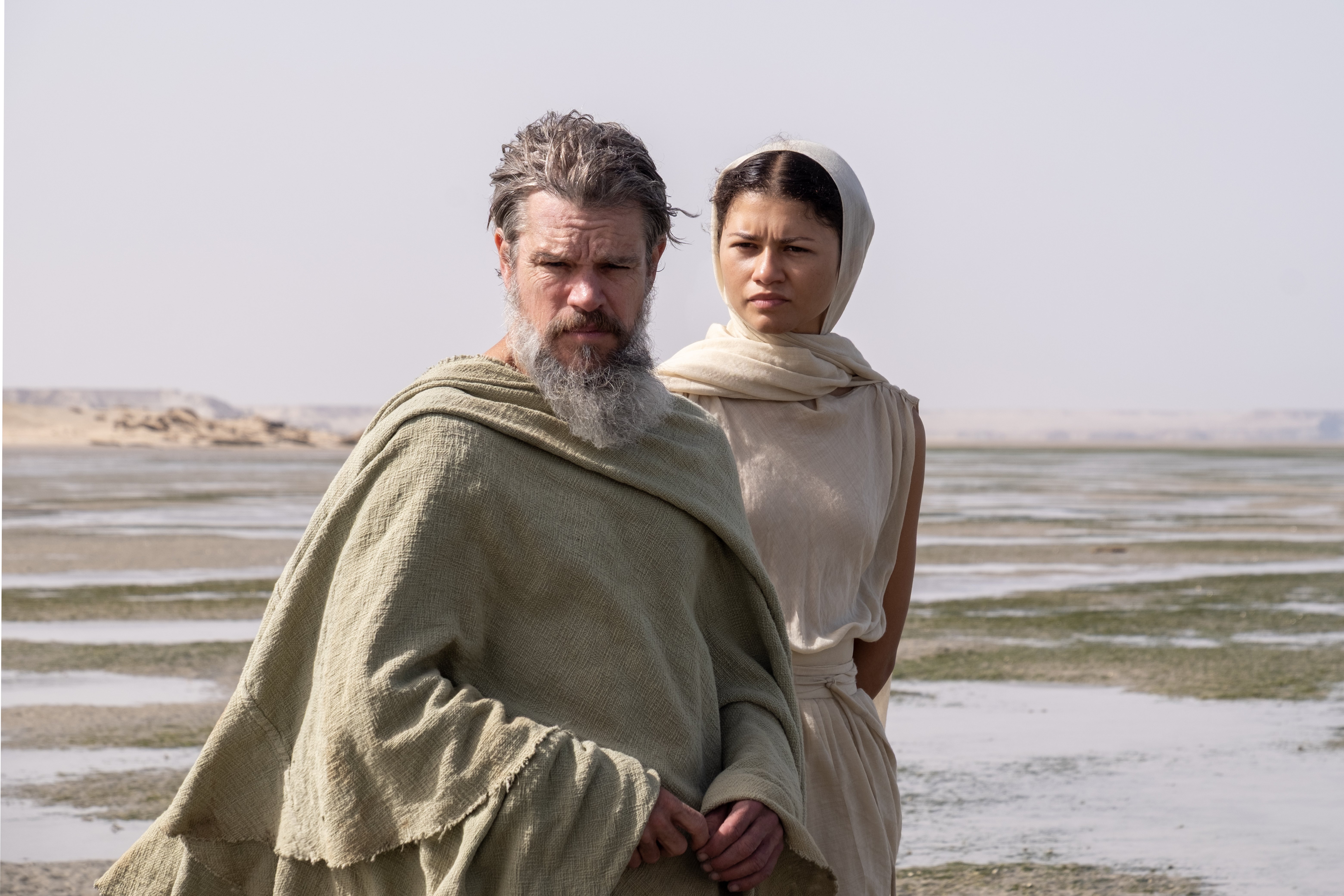 A bearded man in a rough green cloak and a woman in a cream-colored headscarf and robe stand together in a barren, salt-flooded desert landscape.