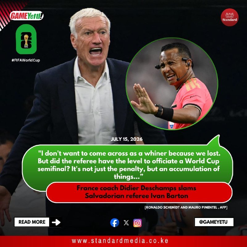 A graphic from GameYetu dated July 15, 2026, shows a man in a suit shouting alongside a referee in pink, with a quoted caption about officiating at a World Cup semifinal.