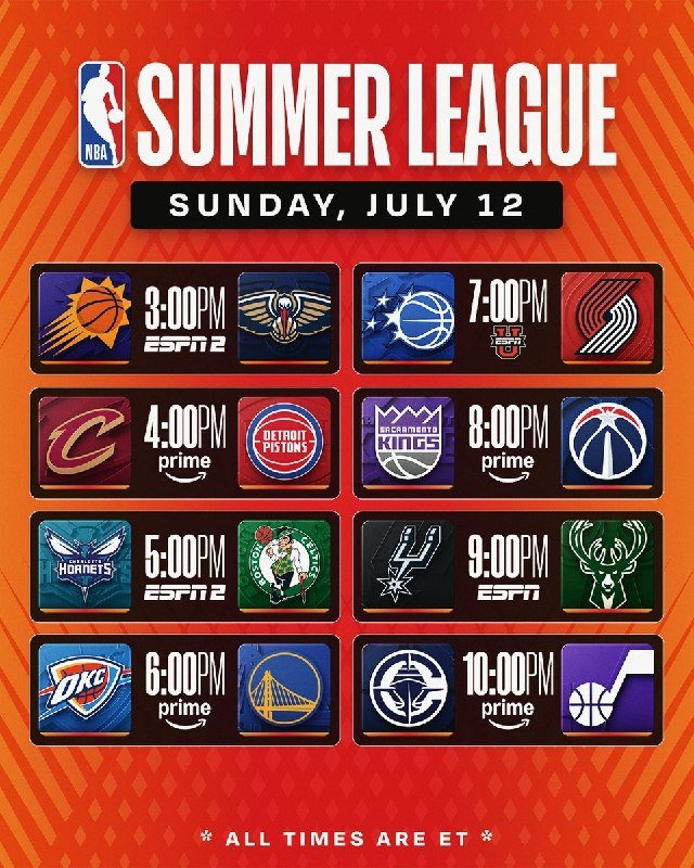 A promotional graphic displays the NBA Summer League schedule for Sunday, July 12, listing eight matchups with times, broadcast networks, and team logos on an orange patterned background.