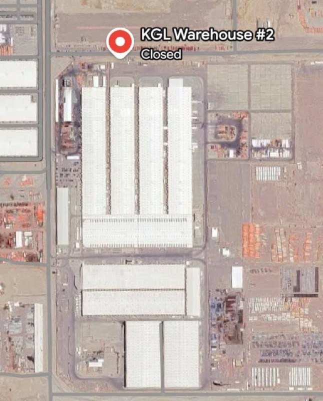A map pin labeled "KGL Warehouse #2 Closed" marks a large industrial complex with white-roofed warehouses visible from above.