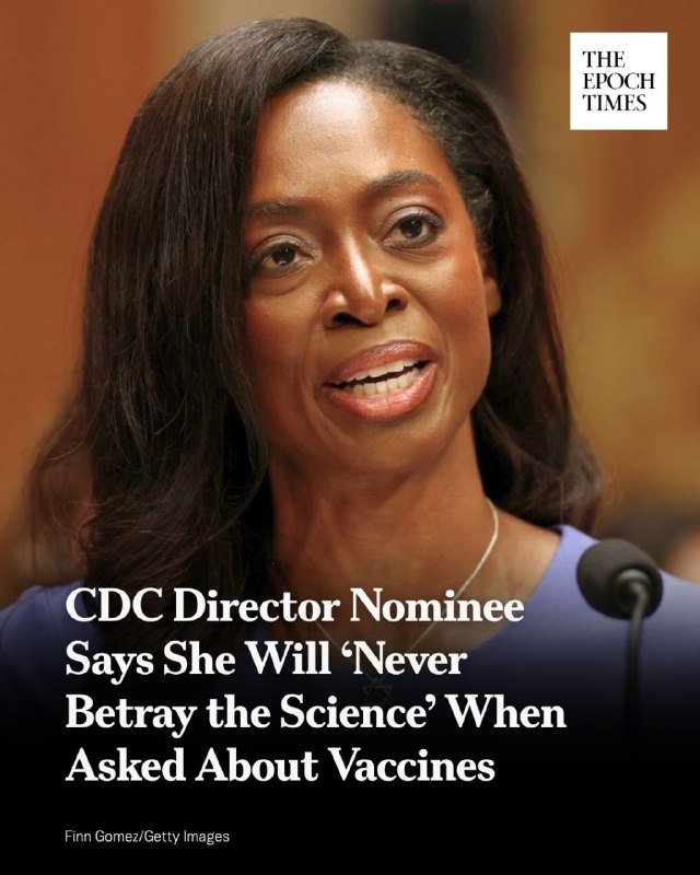 A woman with long dark hair speaks at a microphone, with overlaid text identifying her as the CDC Director Nominee and referencing science and vaccines.