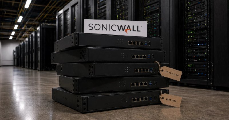 A stack of five black SonicWall network appliances sits on a data center floor, with tags labeled "CVE-2024-14688" and "ZERO DAY" attached.