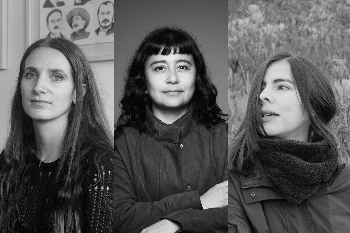 A black-and-white composite image displays three side-by-side portrait photographs of women.