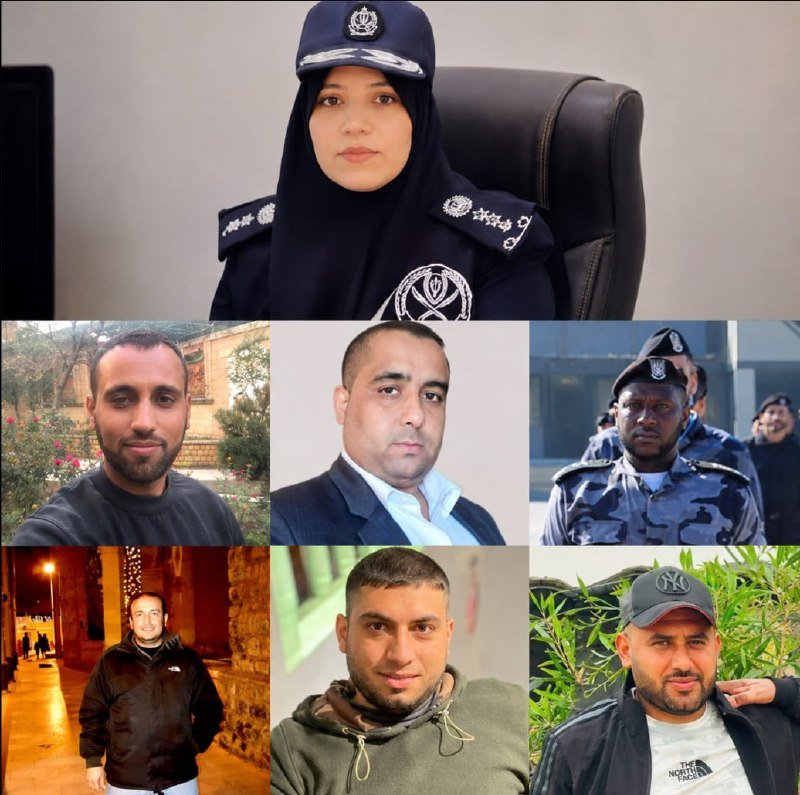 A collage features a woman in a police uniform at the top and six portrait photographs of men arranged below her.