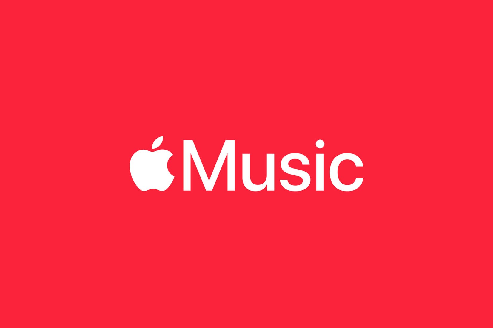 The Apple Music logo, featuring the Apple icon and the word "Music" in white, appears centered on a red background.