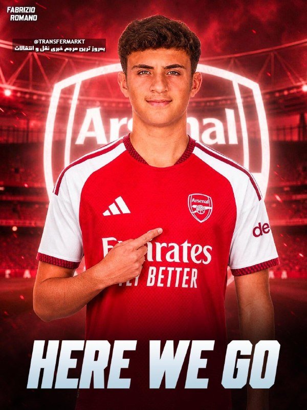 Graphic illustration of a young man pointing at his Arsenal jersey, with "FABRIZIO ROMANO" and "HERE WE GO" text overlaid.