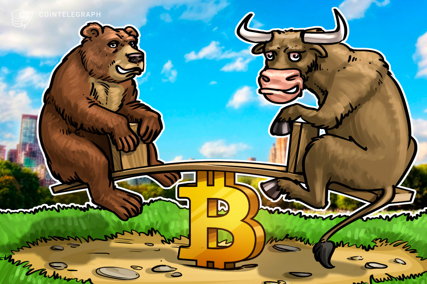 A composite illustration of competing crypto market signals: a bull and a bear on a seesaw.