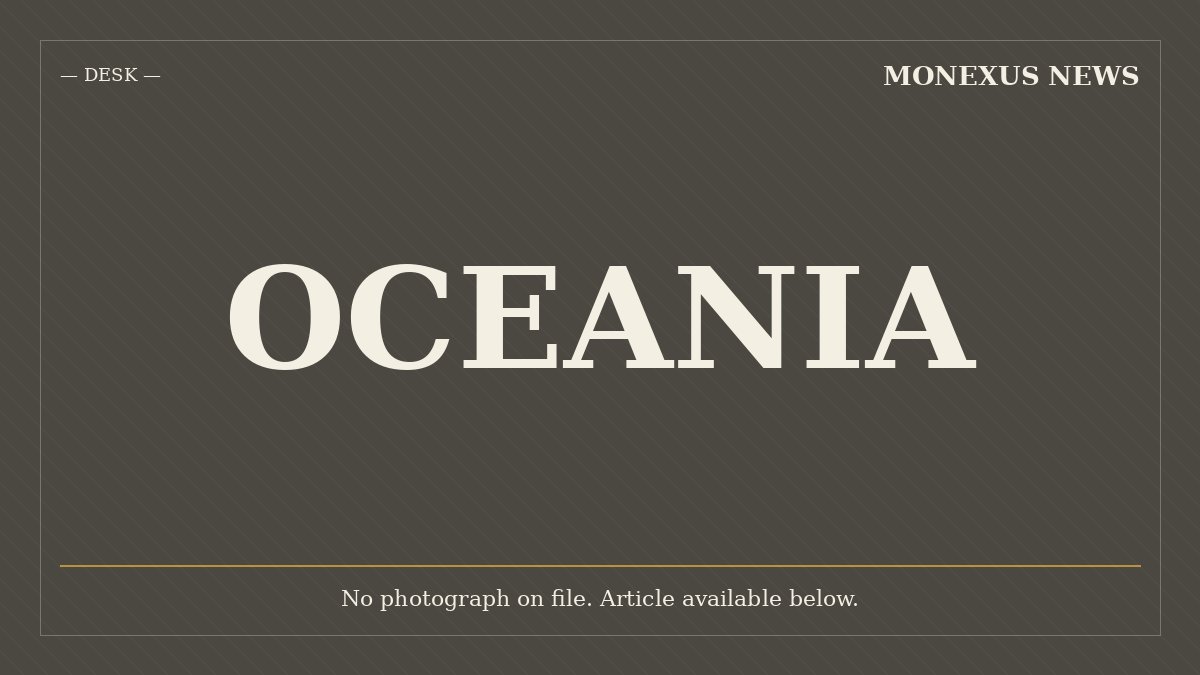 A placeholder graphic with white serif text "OCEANIA" on a dark diagonally striped background, labeled "MONEXUS NEWS" and "DESK," noting no photograph on file.