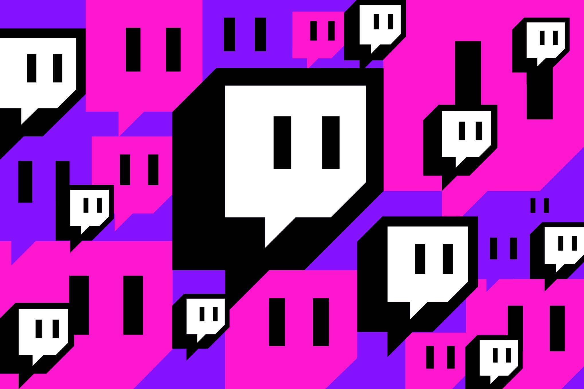 Digital graphic illustration featuring multiple Twitch-logo-style speech bubbles in pink and purple overlapping patterns.