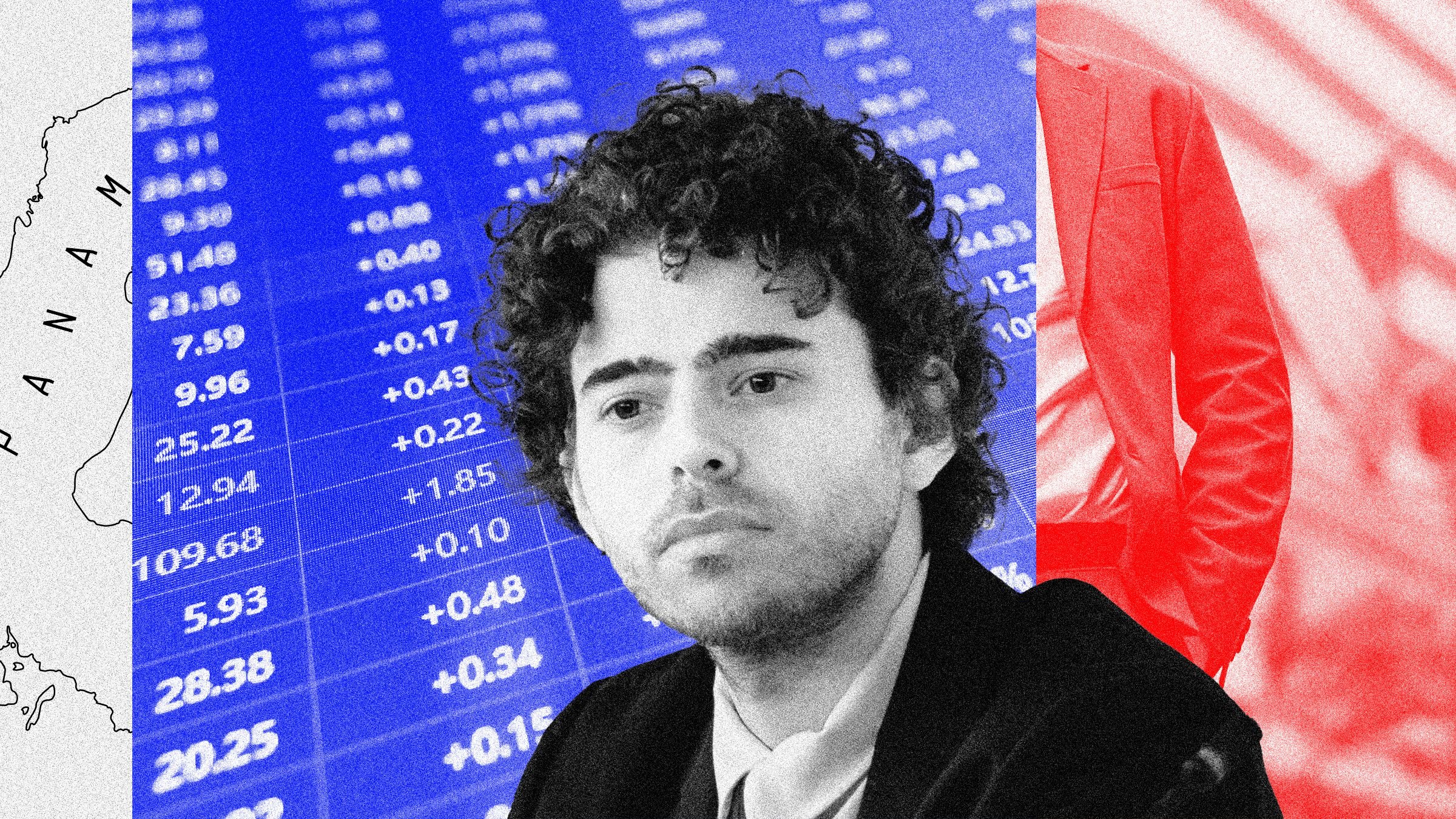 An illustrated graphic shows a black-and-white portrait of a curly-haired man centered against a triptych backdrop of a map, blue stock ticker, and red abstract imagery.