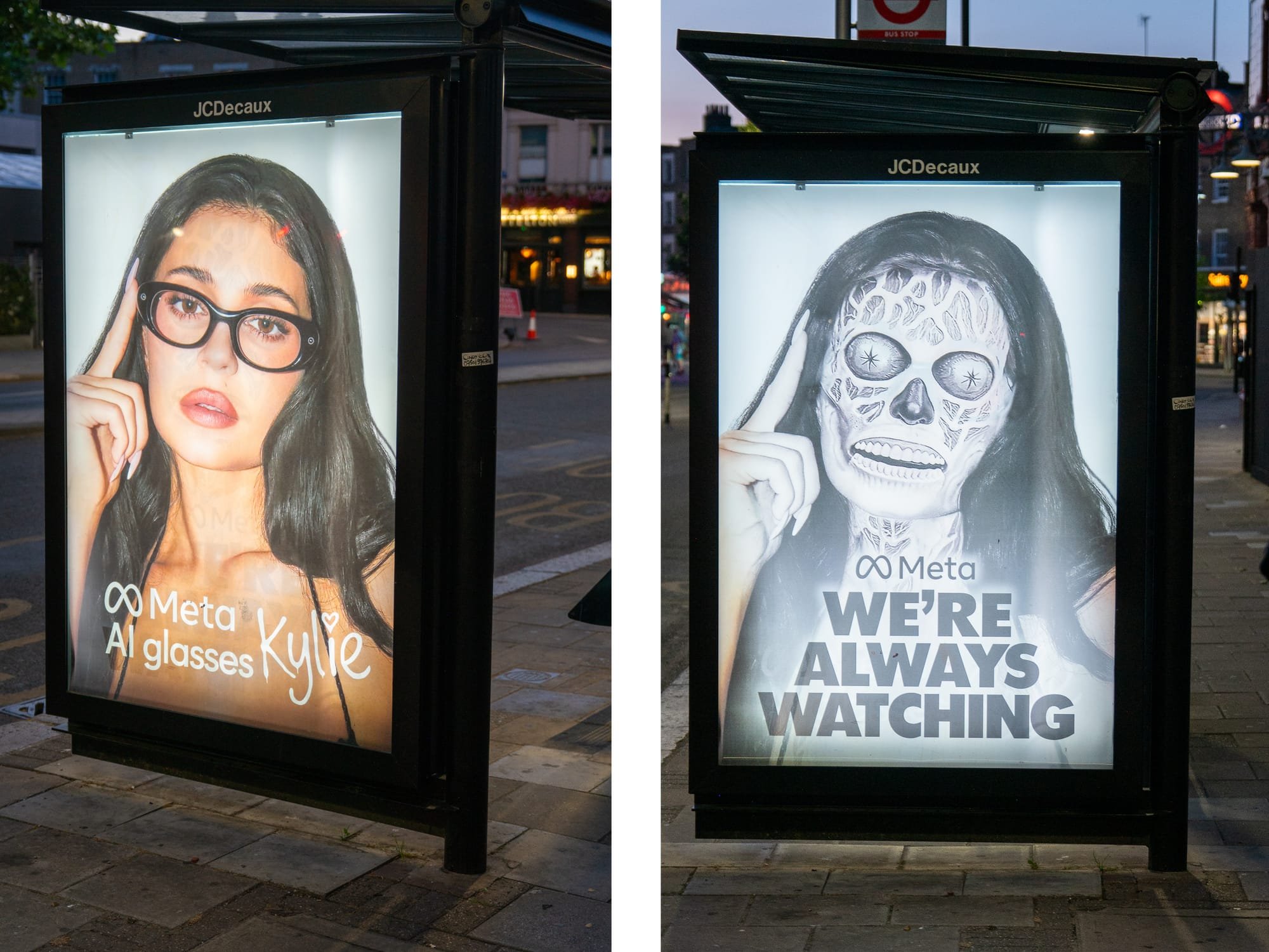 Two JCDecaux bus shelter advertisements side-by-side: the left shows a Meta AI glasses ad featuring "Kylie," while the altered right version depicts a skull with text reading "Meta: WE'RE ALWAYS WATCHING."