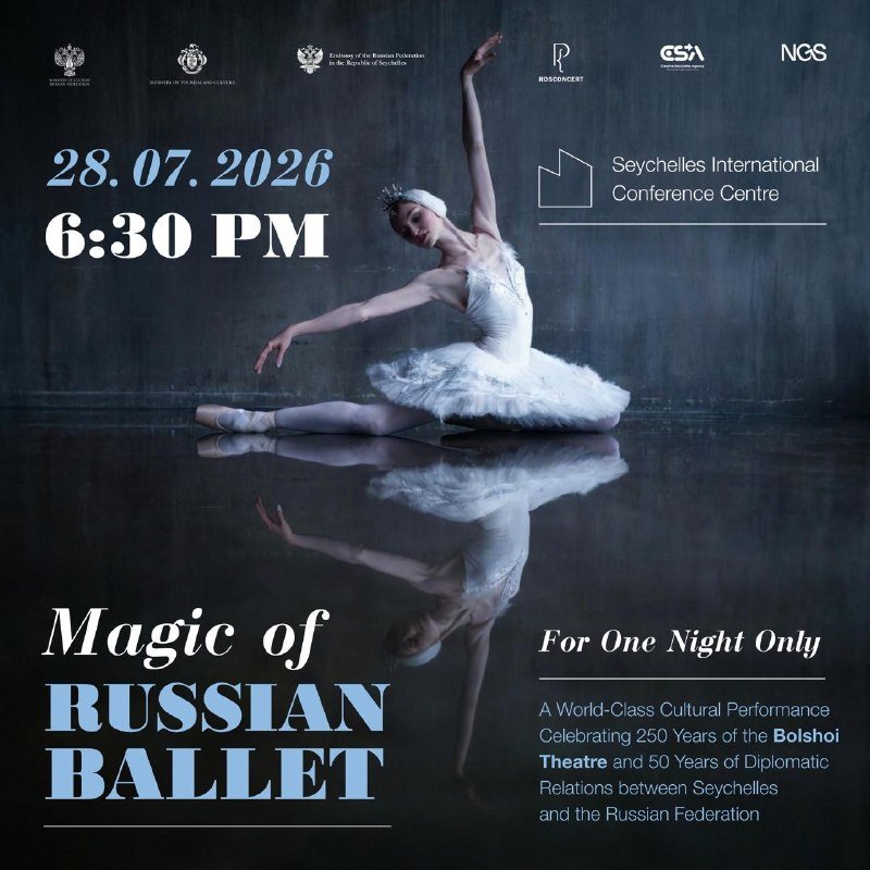 A promotional poster features a ballerina in a white tutu seated on a reflective floor, advertising a "Magic of Russian Ballet" event on 28.07.2026 at 6:30 PM at the Seychelles International Conference Centre.
