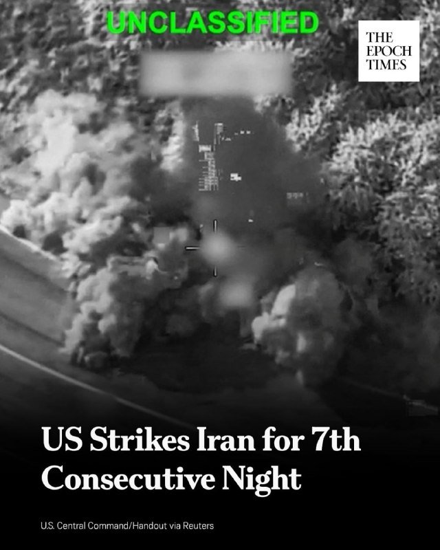 Black-and-white aerial footage shows a cloud-covered landscape with a crosshair overlay, labeled "UNCLASSIFIED," alongside text reading "US Strikes Iran for 7th Consecutive Night."