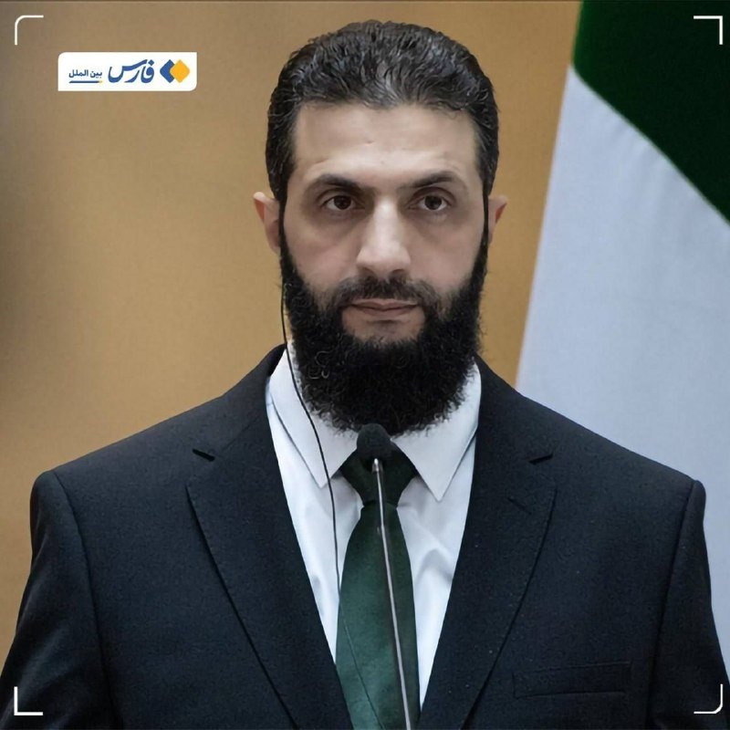 A bearded man in a dark suit and green tie stands before a microphone, with a partial green, white, and black flag visible behind him.