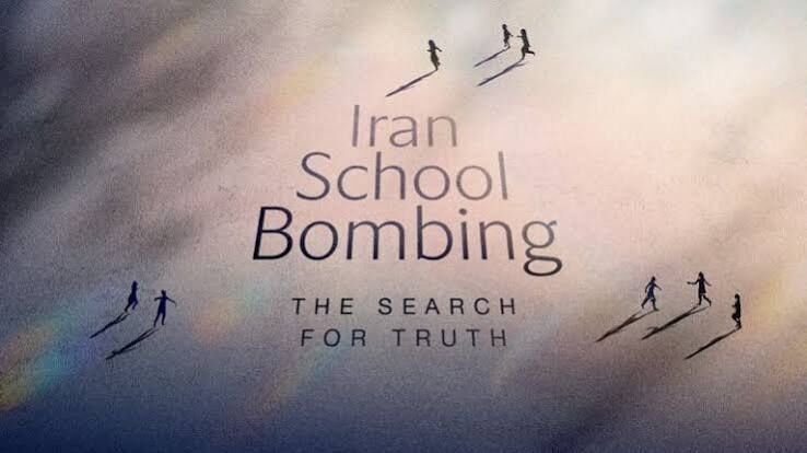 Graphic title card reading "Iran School Bombing: The Search for Truth," featuring small silhouetted figures of people running across a cloudy, textured background.