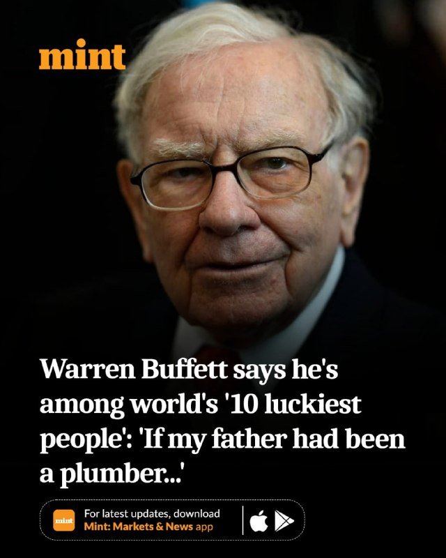 An older man with glasses in a dark suit appears alongside a "mint" logo and a news headline about Warren Buffett's self-described fortune.