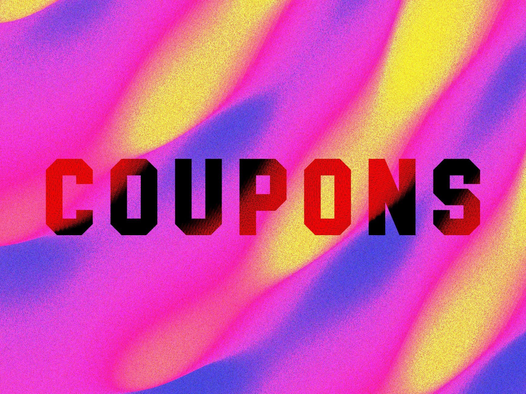 A digital graphic displays the word "COUPONS" in bold red and black text over a wavy, grainy background of pink, purple, and yellow hues.