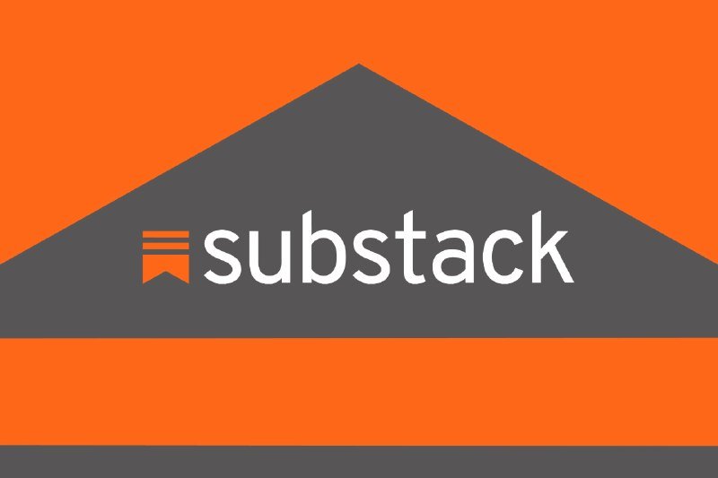 The Substack logo, featuring an orange and dark gray house-shaped icon beside the white wordmark, is displayed against an orange background.