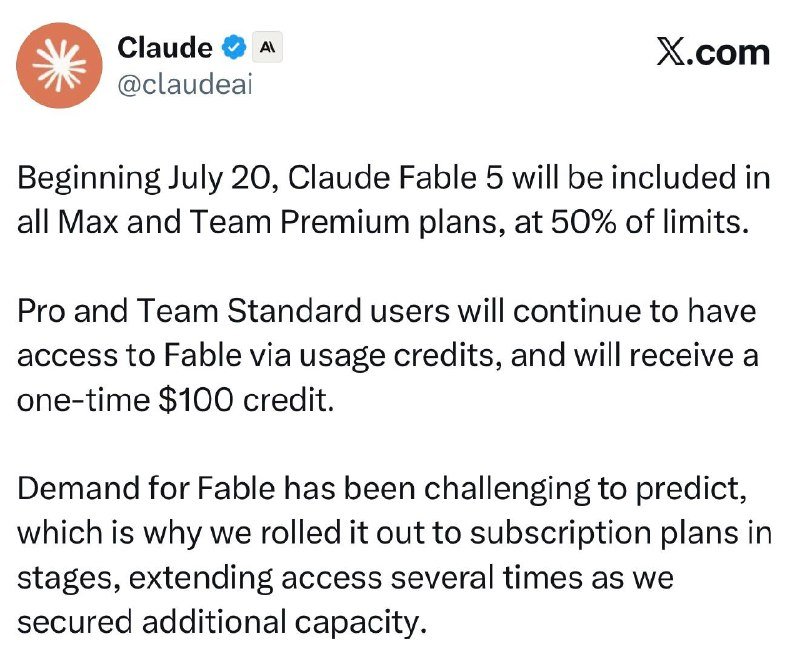 A X.com post from verified account Claude (@claudeai) announces that Claude Fable 5 will be included in Max and Team Premium plans starting July 20.