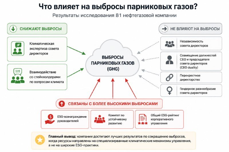 A Russian-language infographic titled "Что влияет на выбросы парниковых газов?" shows factors from an 81 oil and gas company study that reduce, don't affect, or correlate with higher greenhouse gas emissions.