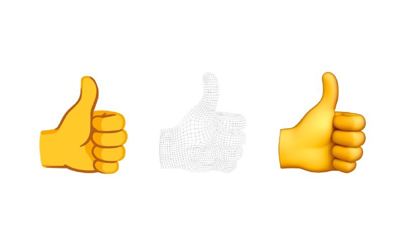 Three thumbs-up hand graphics—two yellow 3D emojis and a central wireframe illustration—are displayed side by side on a white background.
