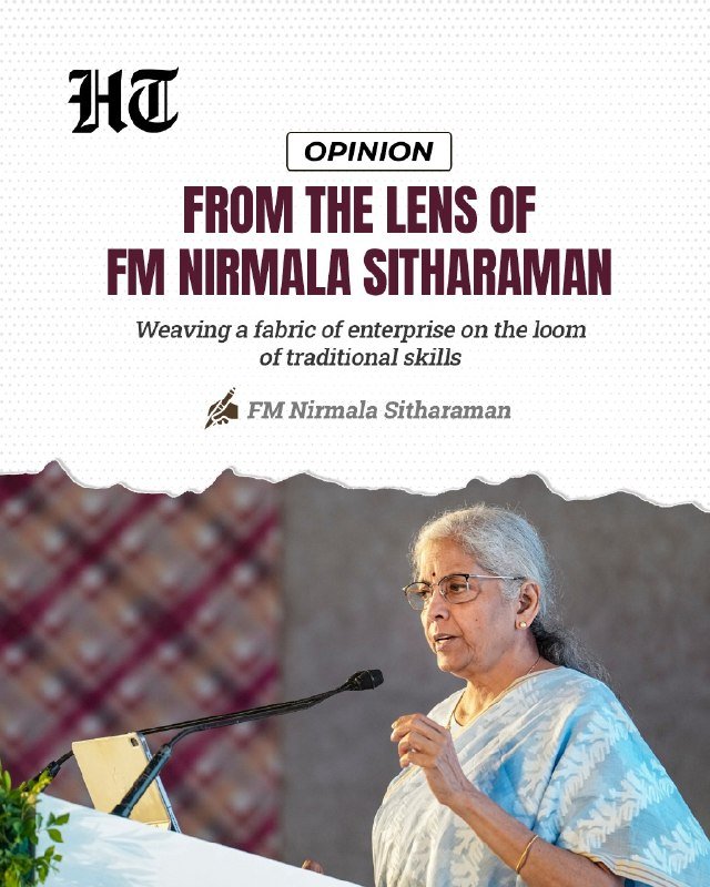 Graphic headline from Hindustan Times Opinion section titled "From the Lens of FM Nirmala Sitharaman" showing a woman with grey hair and glasses speaking at a podium.