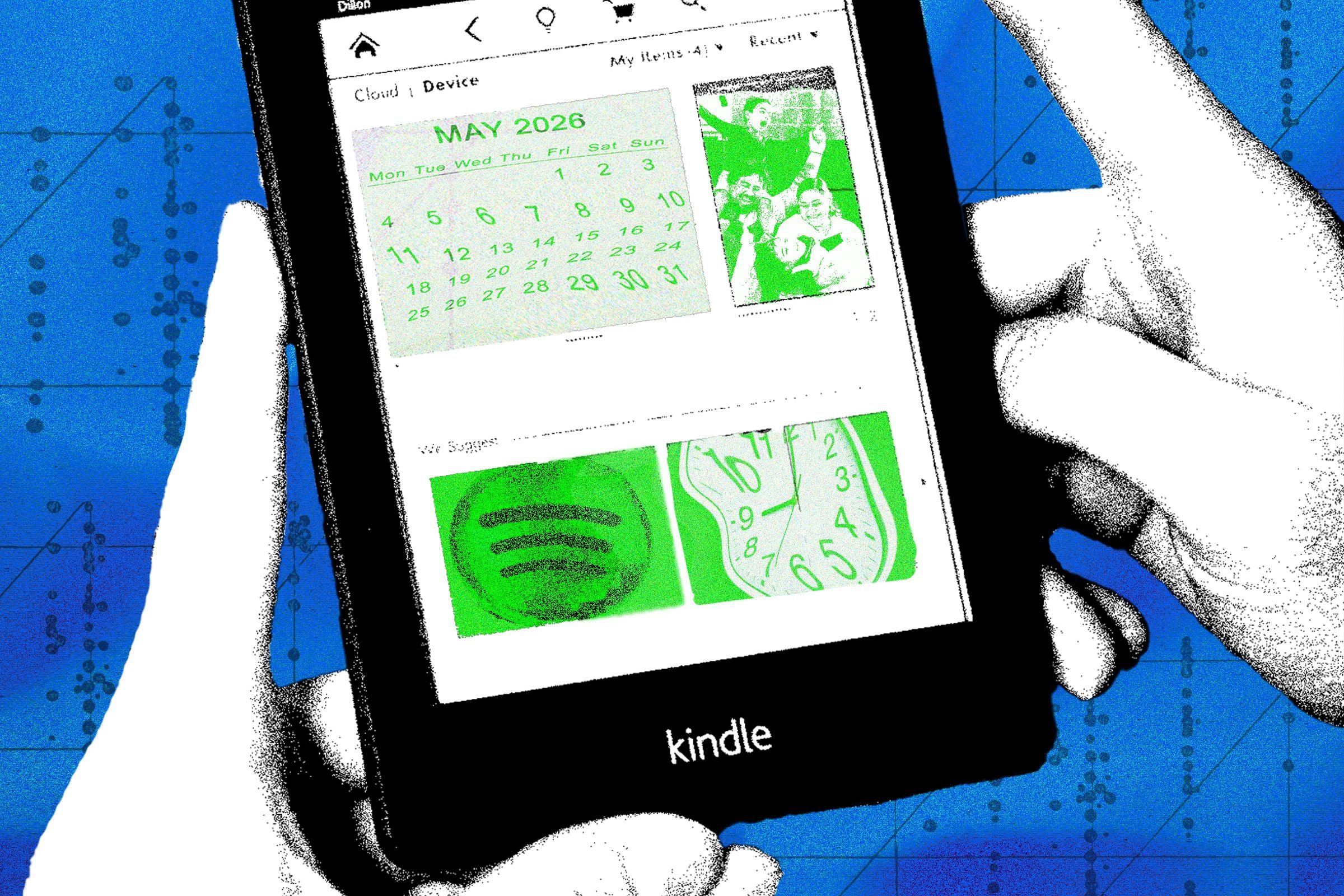 Two hands hold a black Kindle e-reader displaying a green-tinted calendar, photos, and clock interface against a blue dotted background.