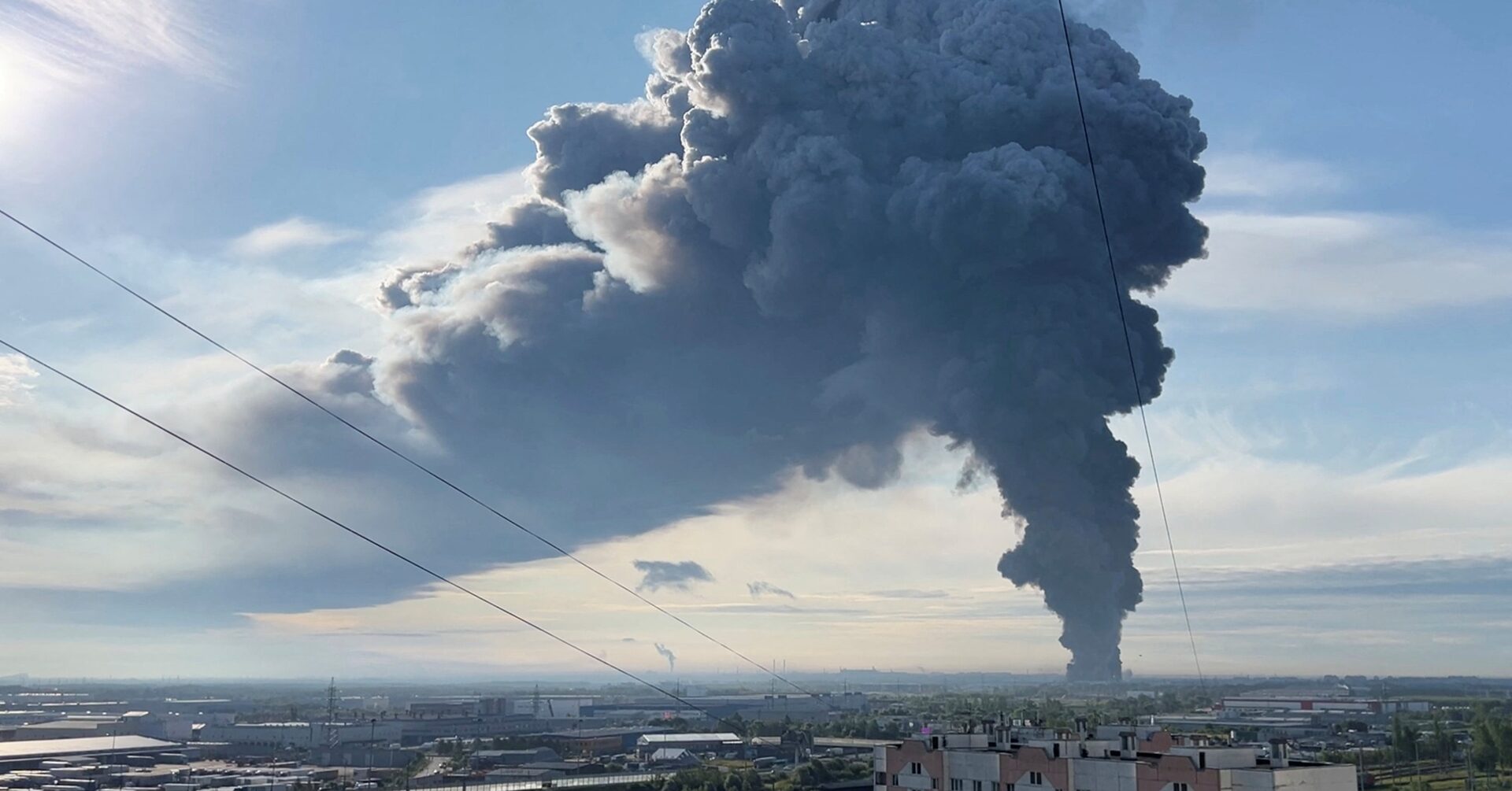 Two blazes burned in Noginsk, east of Moscow, after overnight Ukrainian long-range drone strikes, hitting an oil depot described as key to supplying the capital and a major Wildberries fulfilment centre.