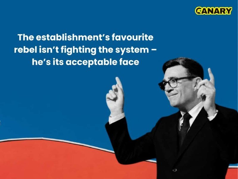 A graphic illustration shows a smiling man in glasses and a dark suit pointing upward with both index fingers against a blue and red background, with the "CANARY" logo in the top right corner.
