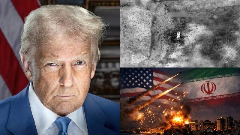 A composite image shows a serious-looking man in a blue suit beside panels depicting an aerial bombing, a smoky explosion site, and missiles firing over a cityscape with American and Iranian flags.