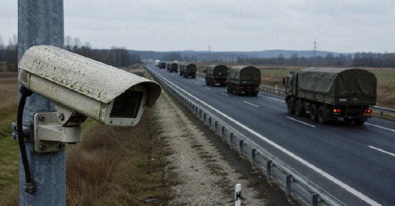 A weathered surveillance camera mounted on a pole overlooks a highway where a convoy of military-style green trucks travels in a line.