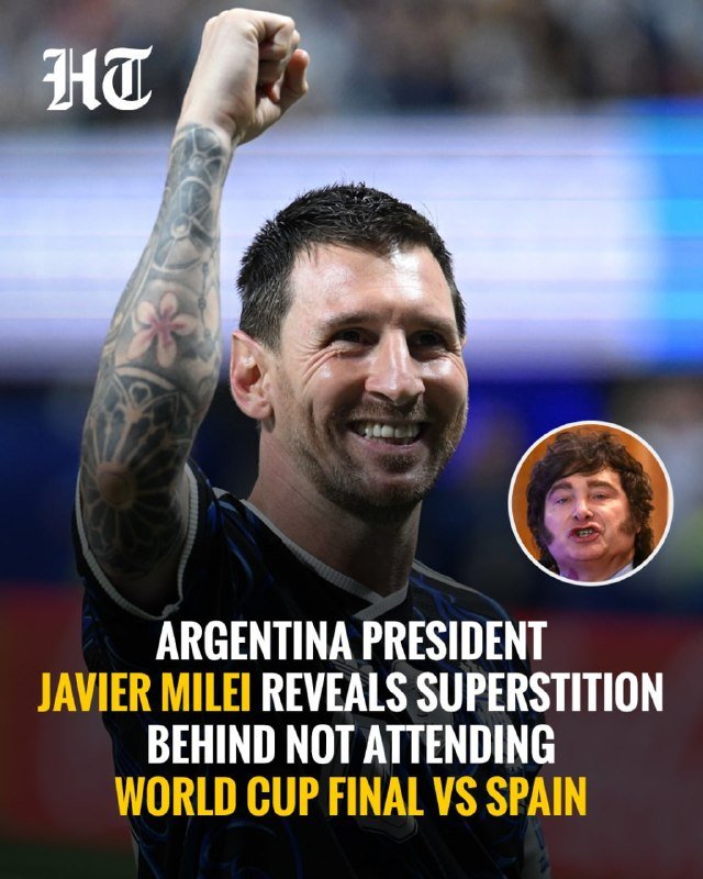 A graphic/news thumbnail featuring a tattooed man raising his fist, a small inset portrait of another man, and the headline "ARGENTINA PRESIDENT JAVIER MILEI REVEALS SUPERSTITION BEHIND NOT ATTENDING WORLD CUP FINAL VS SPAIN."