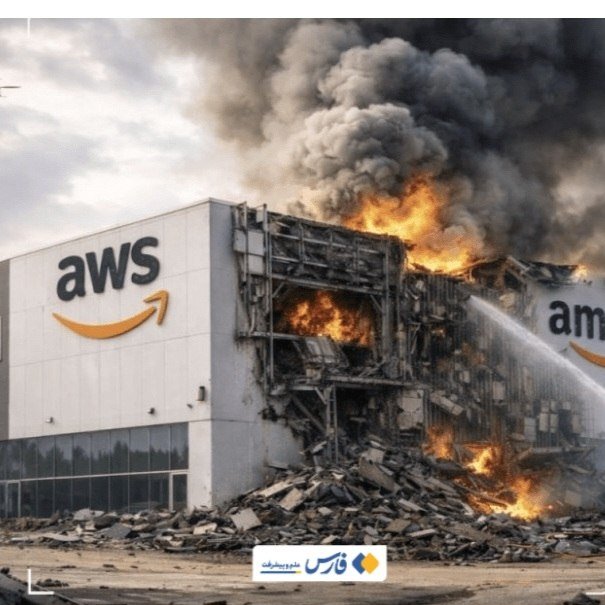 A building marked "aws" with Amazon's logo is engulfed in flames and thick black smoke, its collapsed structure surrounded by rubble.