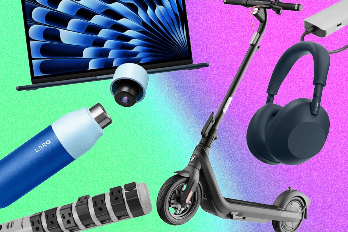 A product collage displays a laptop, webcam, Larq water bottle, power strip, electric scooter, and Sony headphones against a green-to-pink gradient background.