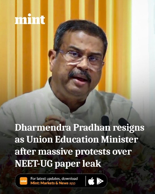 A man with glasses and a mustache speaks at a podium with microphones, with a "mint" logo and a caption about Dharmendra Pradhan's resignation as Union Education Minister.