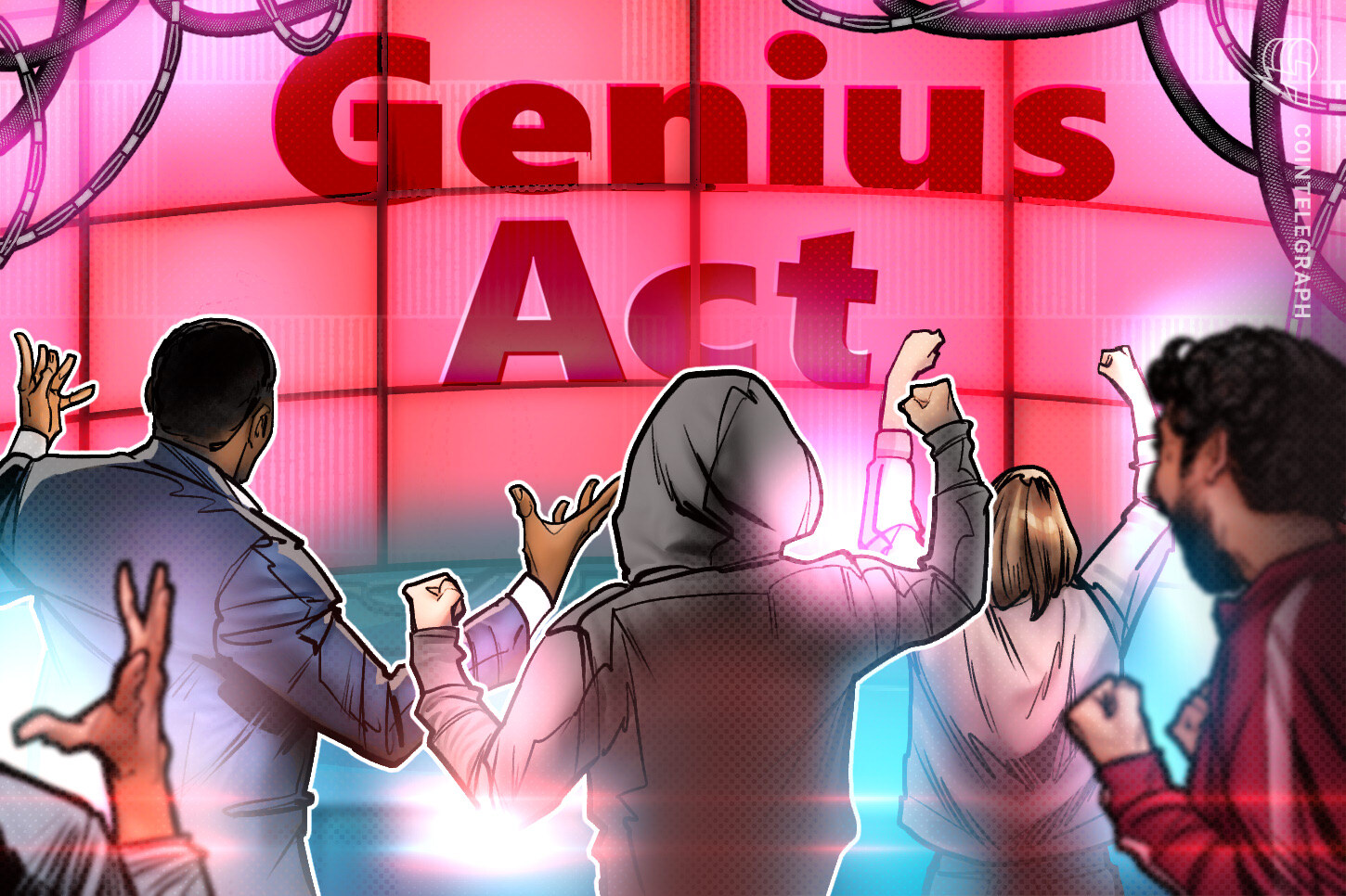 Protesters outside the US Capitol during the 2025 GENIUS Act debate; the law has been on the books for a year without final implementing regulations.
