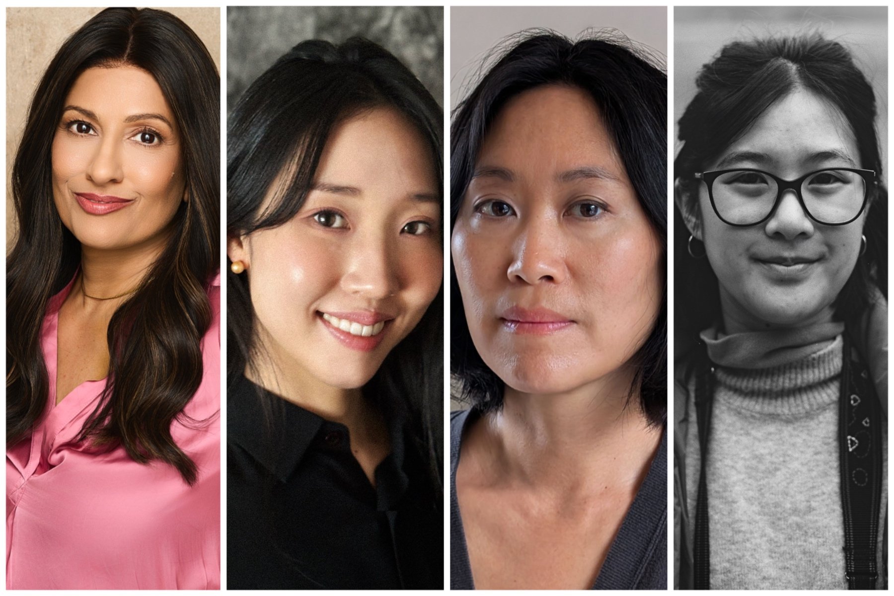 A composite image displays four side-by-side portrait headshots of women, three in color and one in black-and-white, each smiling or facing the camera.