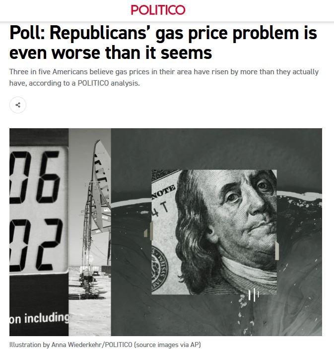A digital news graphic featuring the POLITICO logo, a headline about gas prices, and a black-and-white collage illustration showing a gas price sign, a sailboat, and a hundred-dollar bill.