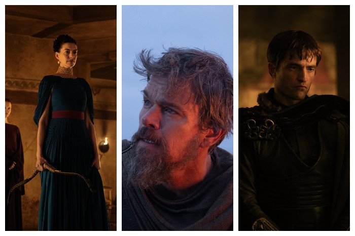 A triptych of three separately lit character portraits: a woman in a dark green gown holding a curved object, a bearded man gazing upward, and a dark-haired man in dark armor.