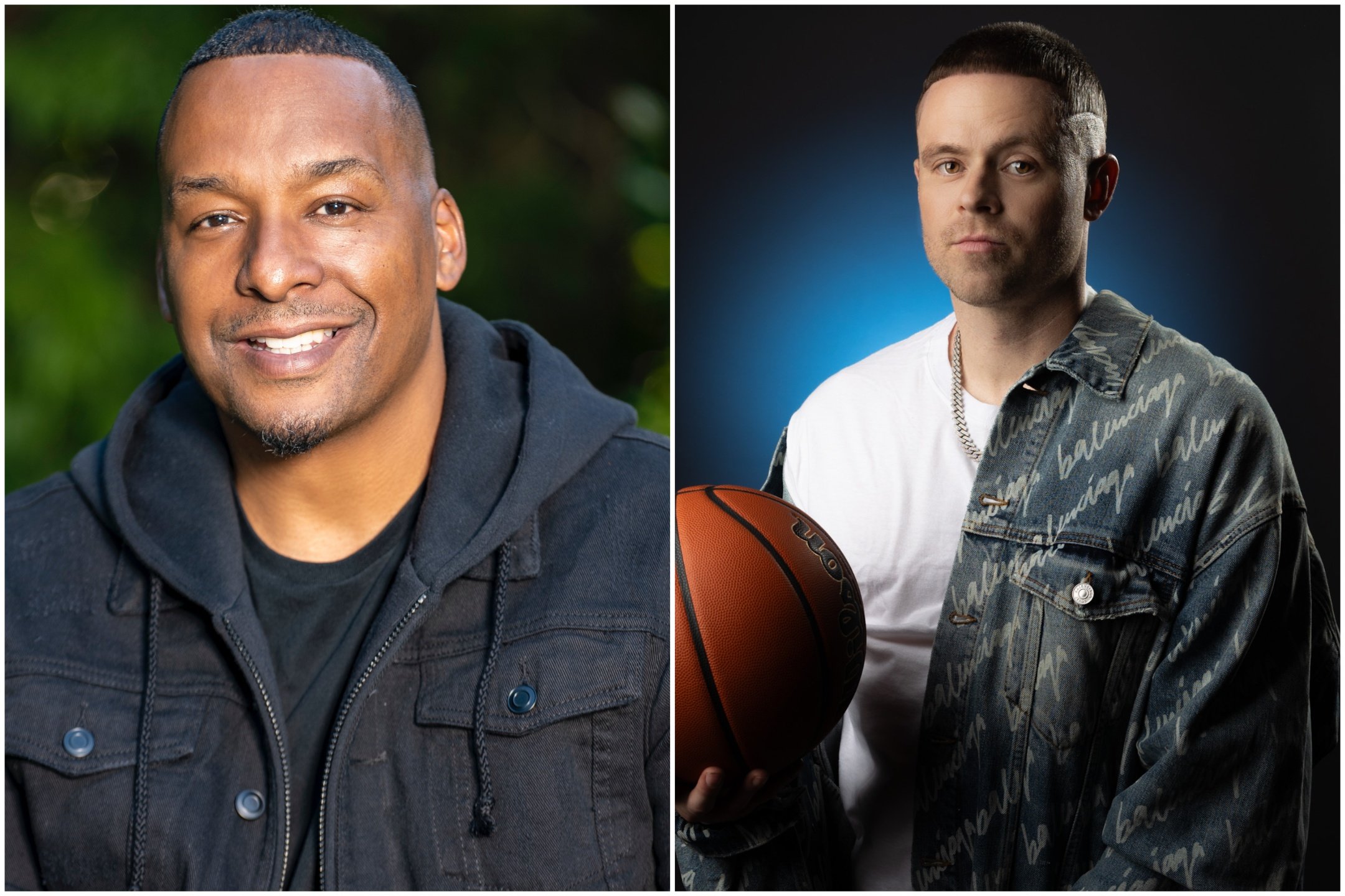 A split image shows two men in separate portrait photos—one smiling in a dark hoodie against a green backdrop, the other holding a Wilson basketball against a dark blue background.