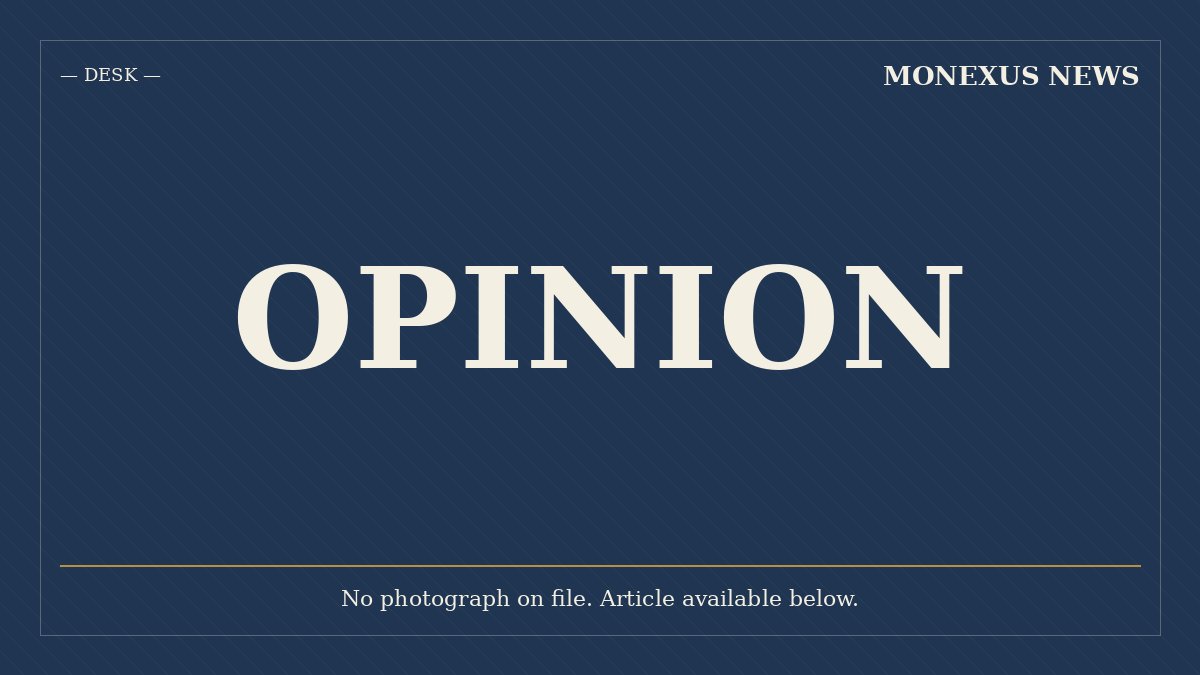 A navy blue graphic displays the word "OPINION" in large white letters, labeled "MONEXUS NEWS" and "— DESK —," with a note indicating no photograph on file.
