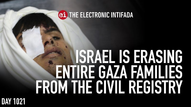 A graphic from The Electronic Intifada shows a child with bandaged head and facial injuries, with the text "ISRAEL IS ERASING ENTIRE GAZA FAMILIES FROM THE CIVIL REGISTRY" and "DAY 1021."