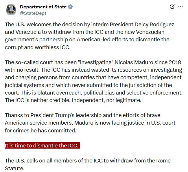 A screenshot of a verified X post from the Department of State (@StateDept) stating, "It is time to dismantle the ICC," with the phrase highlighted in red.