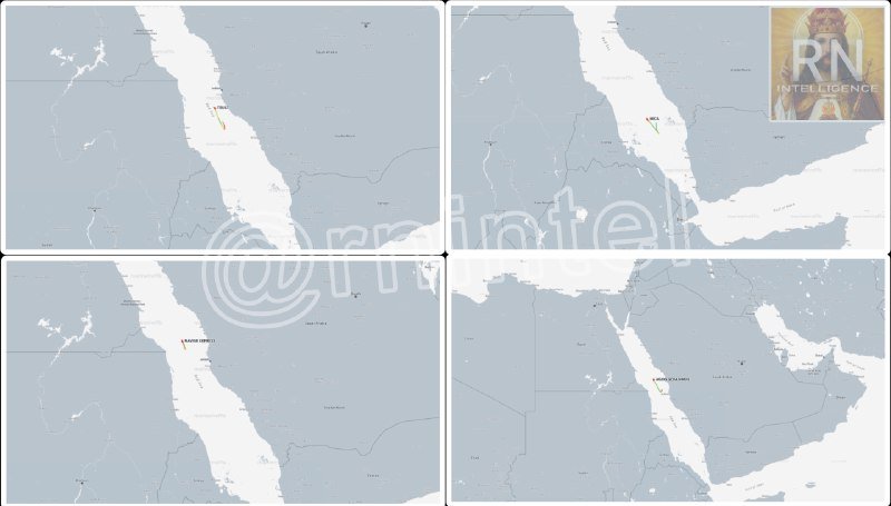 Four map panels show the Middle East and Northeast Africa with highlighted ship locations, overlaid with an "RN Intelligence" watermark and logo.