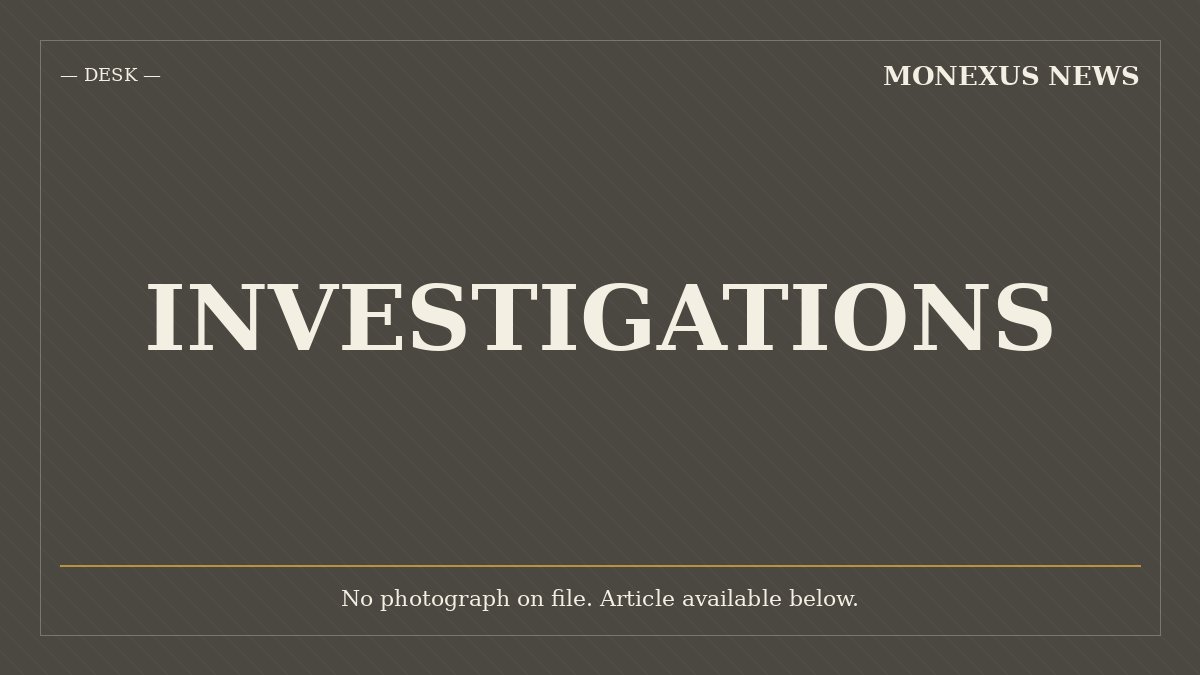 A black placeholder graphic displays "MONEXUS NEWS," "DESK," "INVESTIGATIONS," and the note "No photograph on file. Article available below."