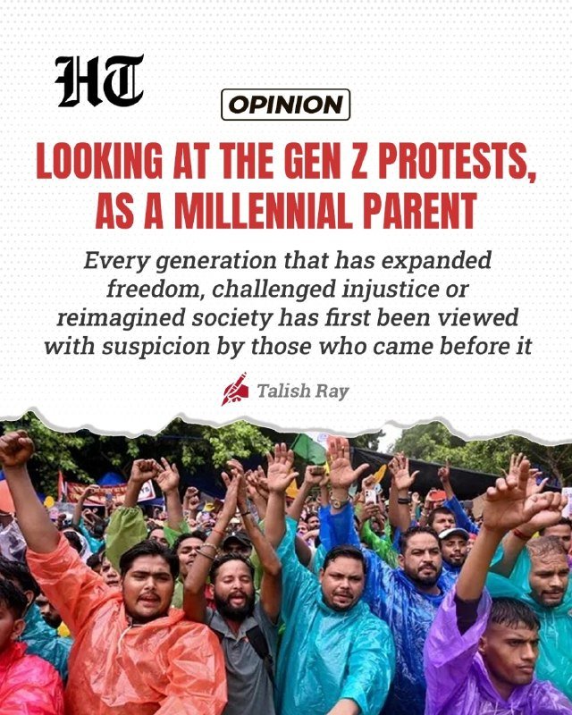 A graphic illustration with the "HT" logo, labeled "OPINION," featuring the headline "Looking at the Gen Z protests, as a millennial parent" by Talish Ray, above an image of a crowd raising clenched fists.